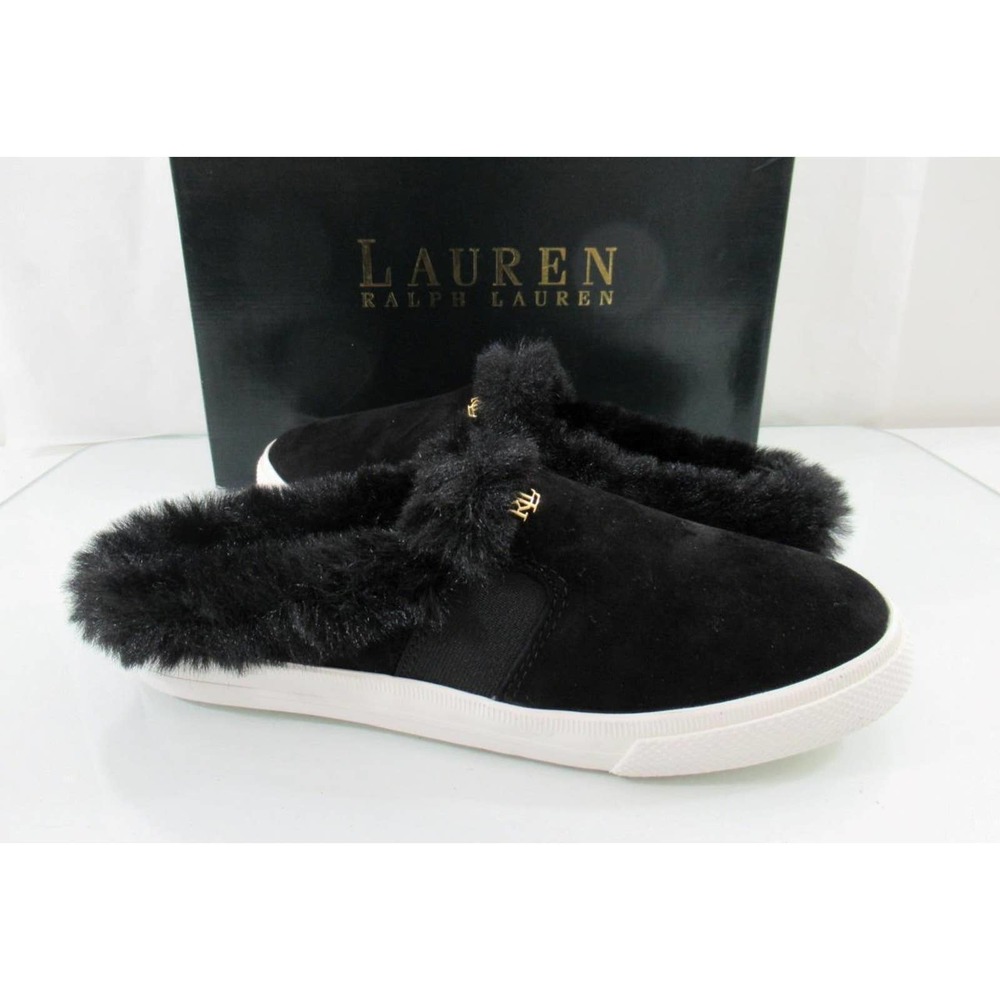 Ralph Lauren Jinny Mules Slip On Sneaker Cozy Faux Fur Trim Suede Black - Picture 3 of 8